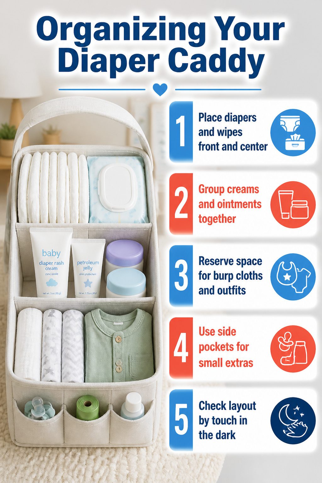 An informational graphic on organizing a diaper caddy.