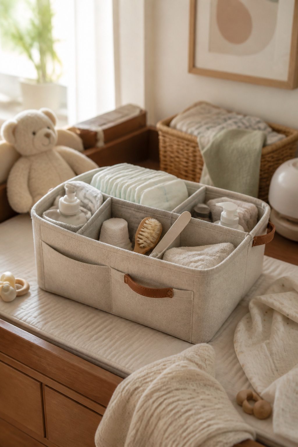 A nail file stored in a diaper caddy alongside other essentials.