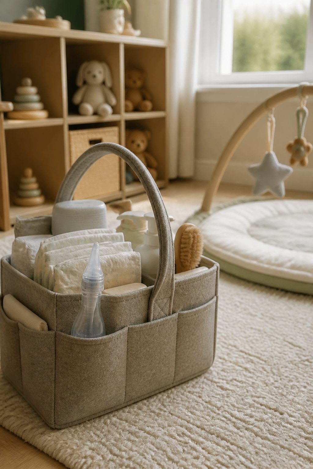 A nasal aspirator placed conveniently in a diaper caddy.