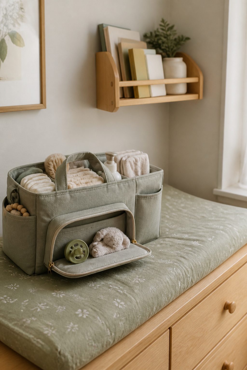 A pacifier and comfort item neatly organized in a caddy.