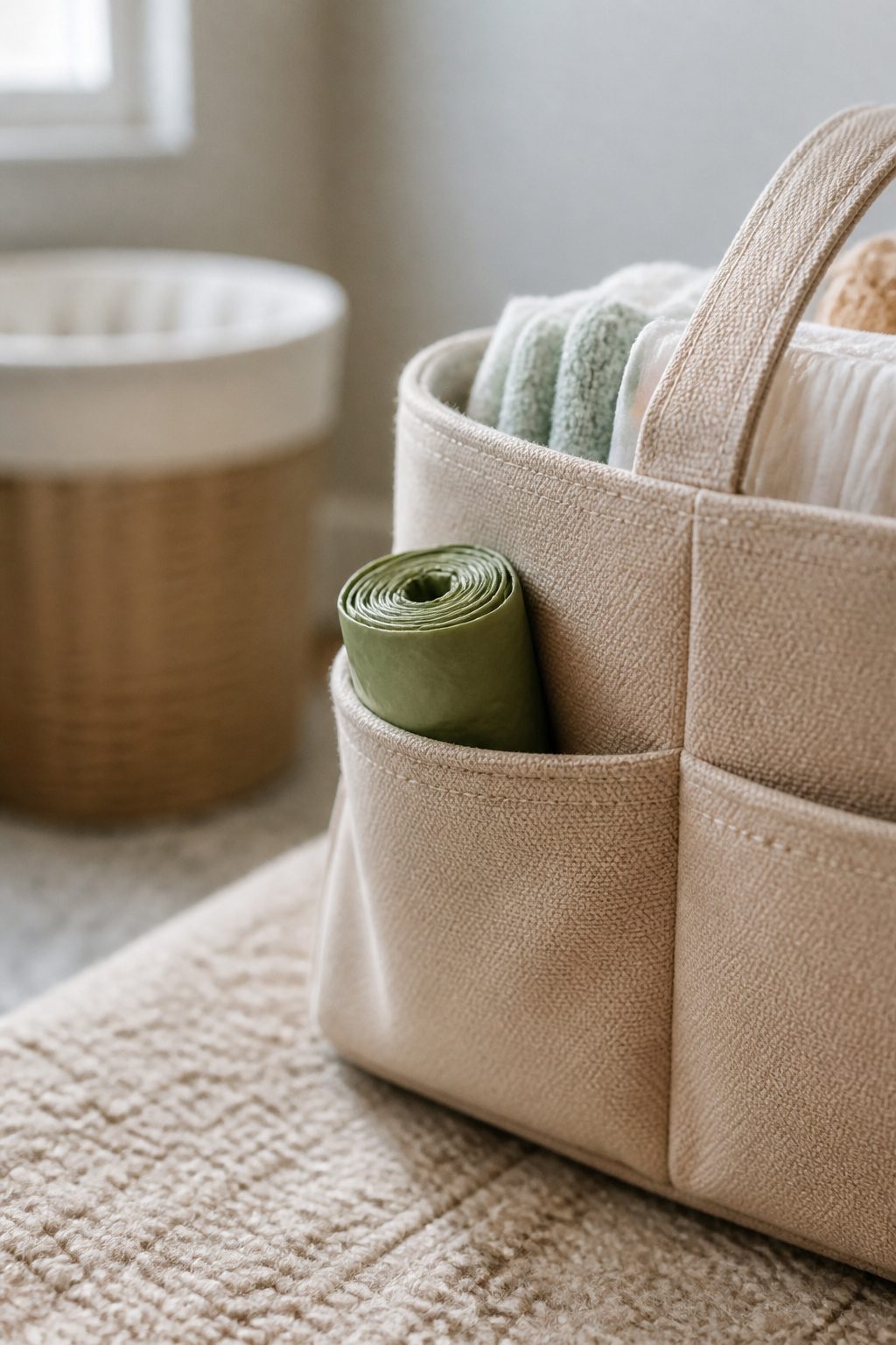 A roll of dog-waste bags stored in a diaper caddy.