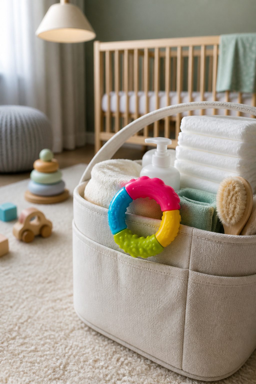 A teething ring stored in a diaper caddy for easy access.