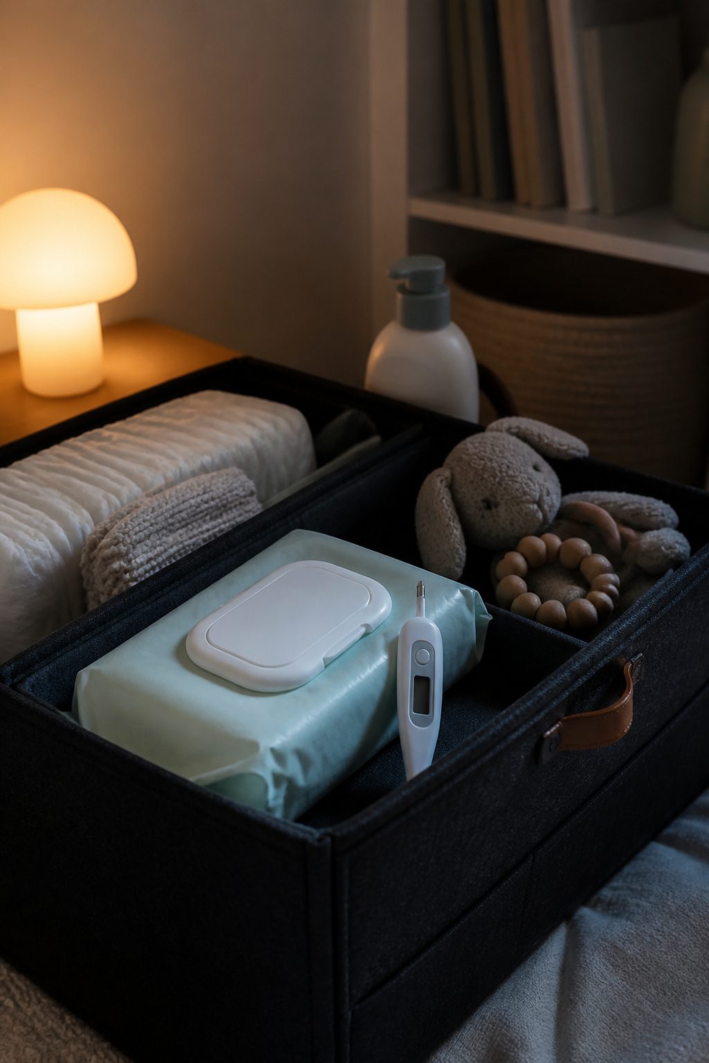 A digital thermometer placed next to baby wipes in a caddy.