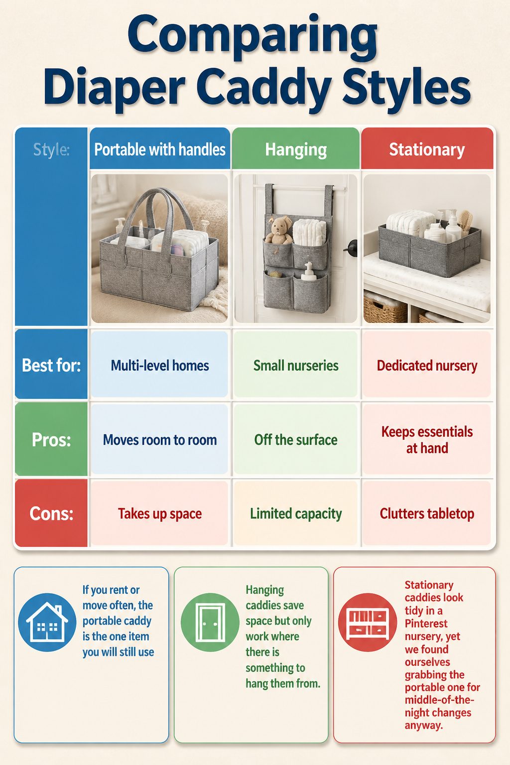 A comparison of various diaper caddy styles and their uses.