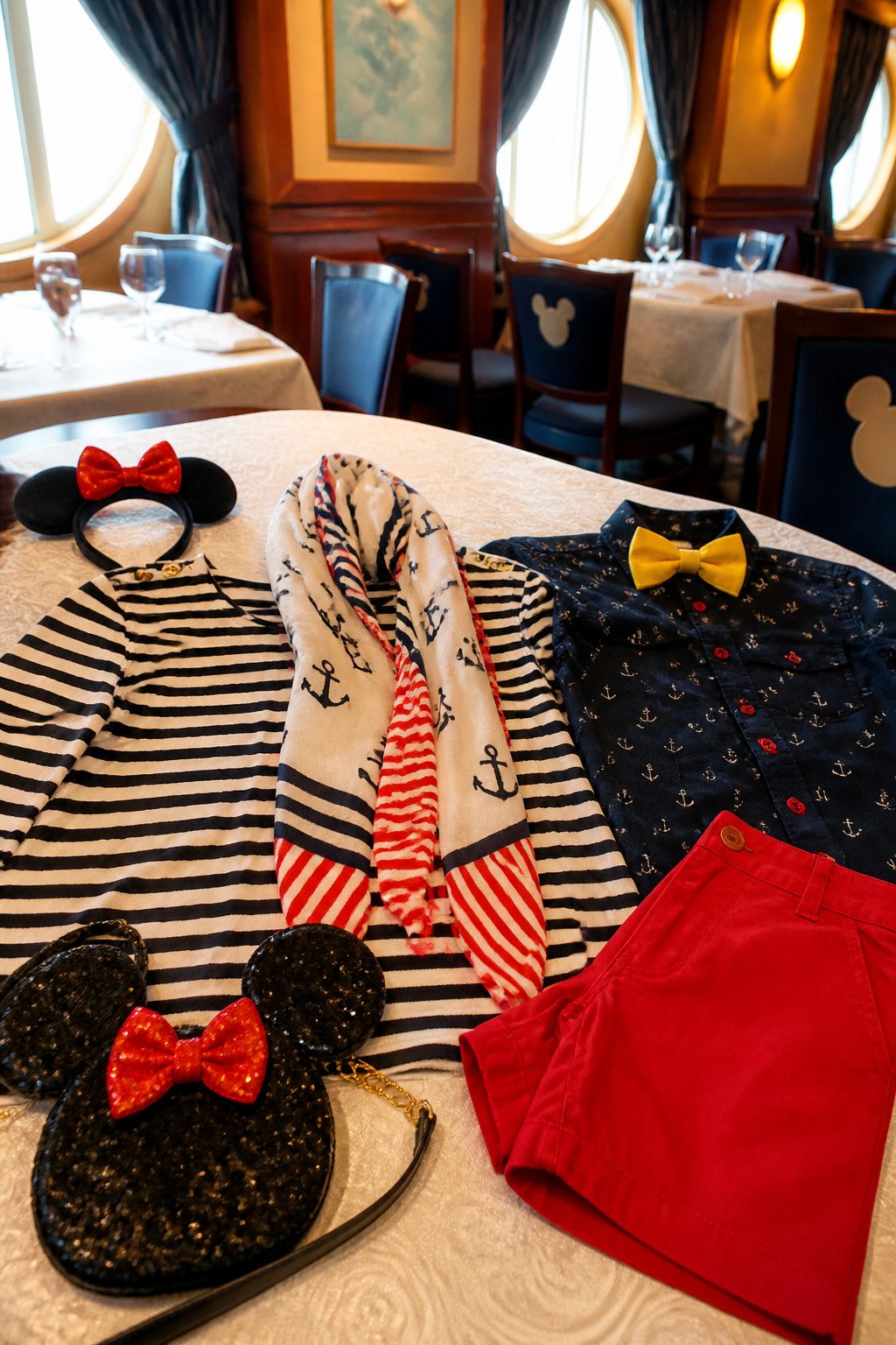 What to Wear on a Disney Cruise: 8 Outfit Types for 2026 9 Black-and-white striped top, vibrant scarf, and playful accessories on a table.