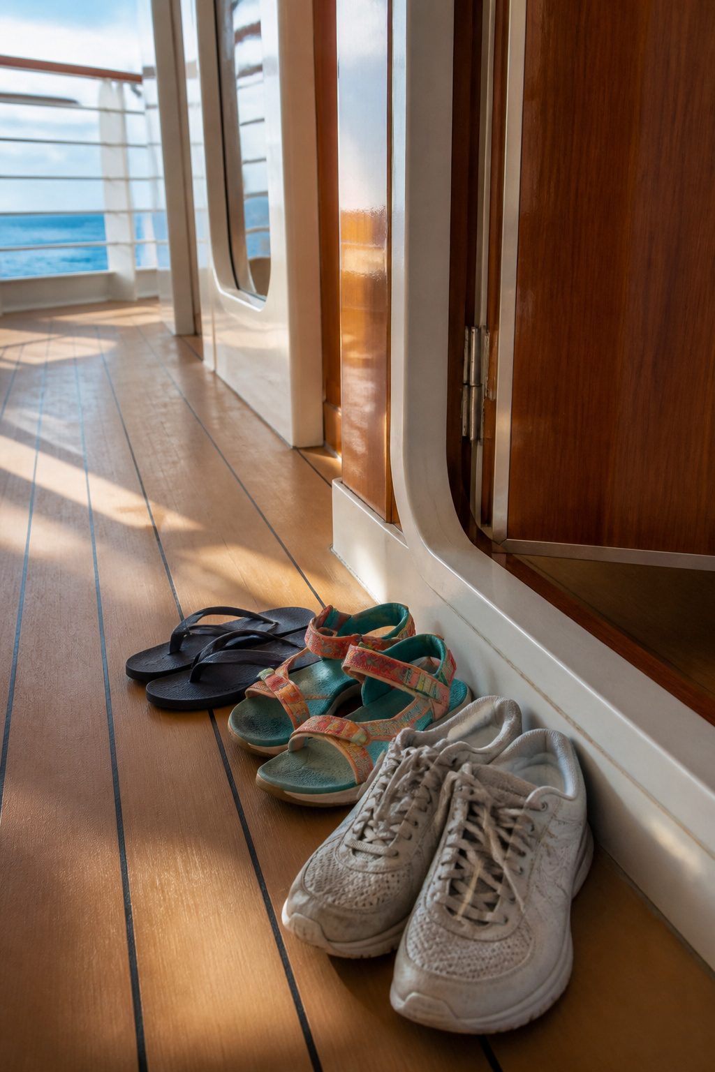 What to Wear on a Disney Cruise: 8 Outfit Types for 2026 7 Sneakers, sandals, and flip-flops displayed on a wooden deck.