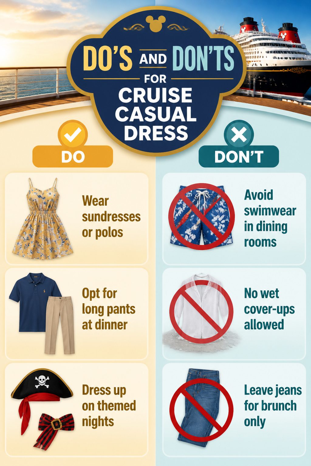 What to Wear on a Disney Cruise: 8 Outfit Types for 2026 11 Information on cruise casual dress code rules displayed on a table.