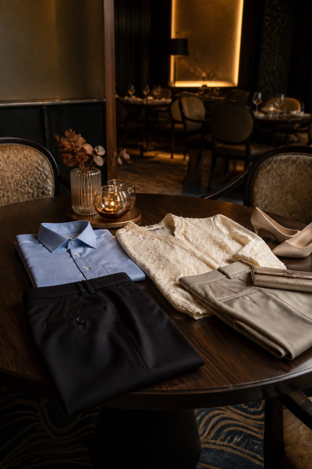 What to Wear on a Disney Cruise: 8 Outfit Types for 2026 8 Dress pants, collared shirt, textured blouse, and smart slacks on a table.