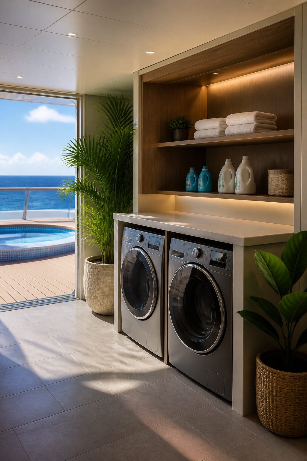 What to Wear on a Disney Cruise: 8 Outfit Types for 2026 12 Self-service washing machines and laundry supplies in a cruise ship laundry area.