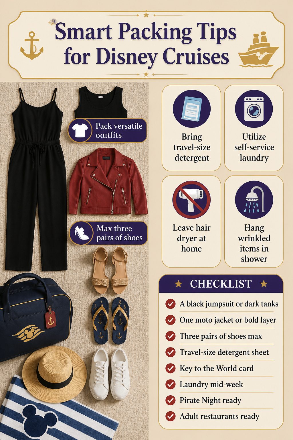 What to Wear on a Disney Cruise: 8 Outfit Types for 2026 10 Packing tips with clothing items displayed on a table.