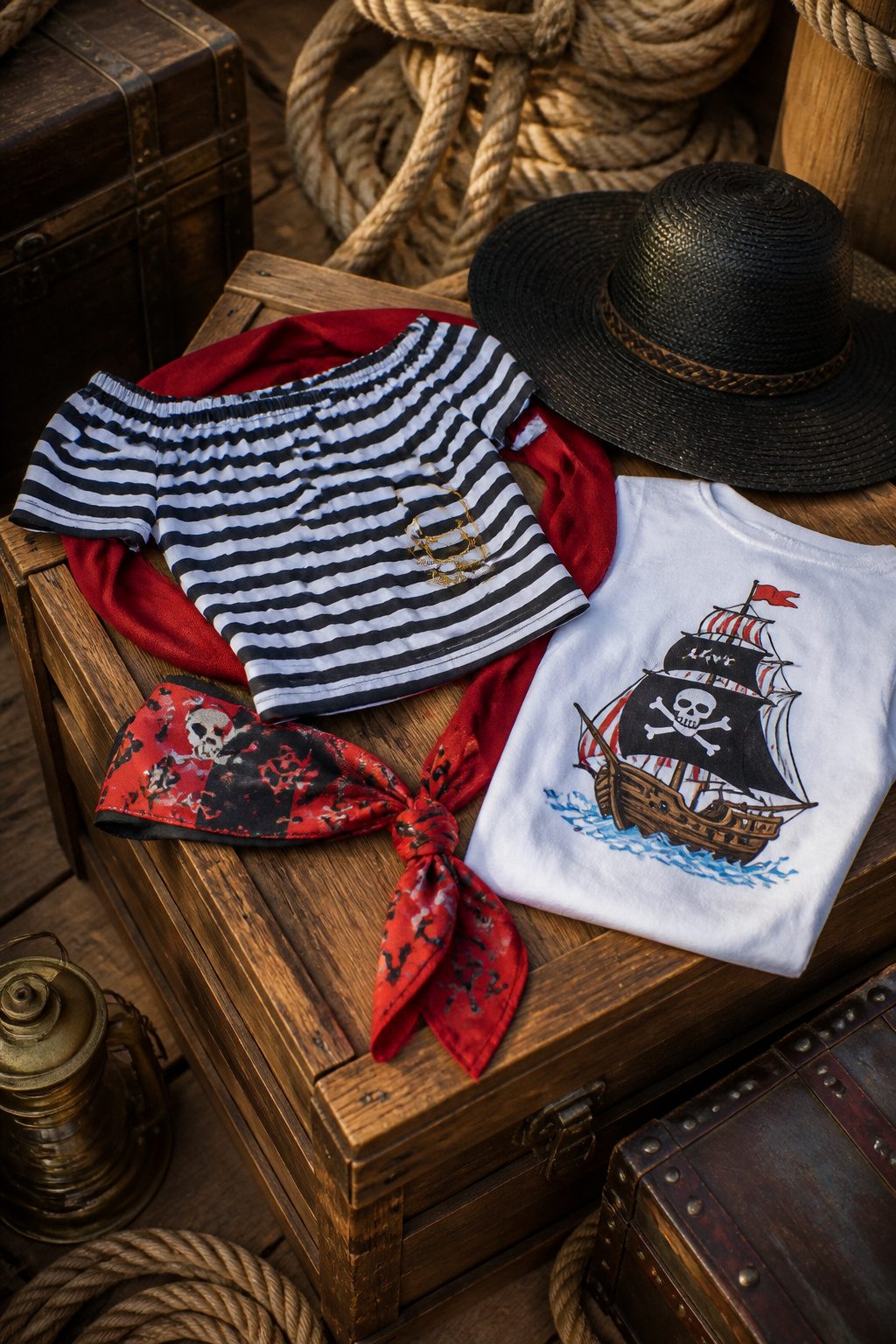 What to Wear on a Disney Cruise: 8 Outfit Types for 2026 5 Striped shirt, red scarf, pirate tee, and accessories on a crate.