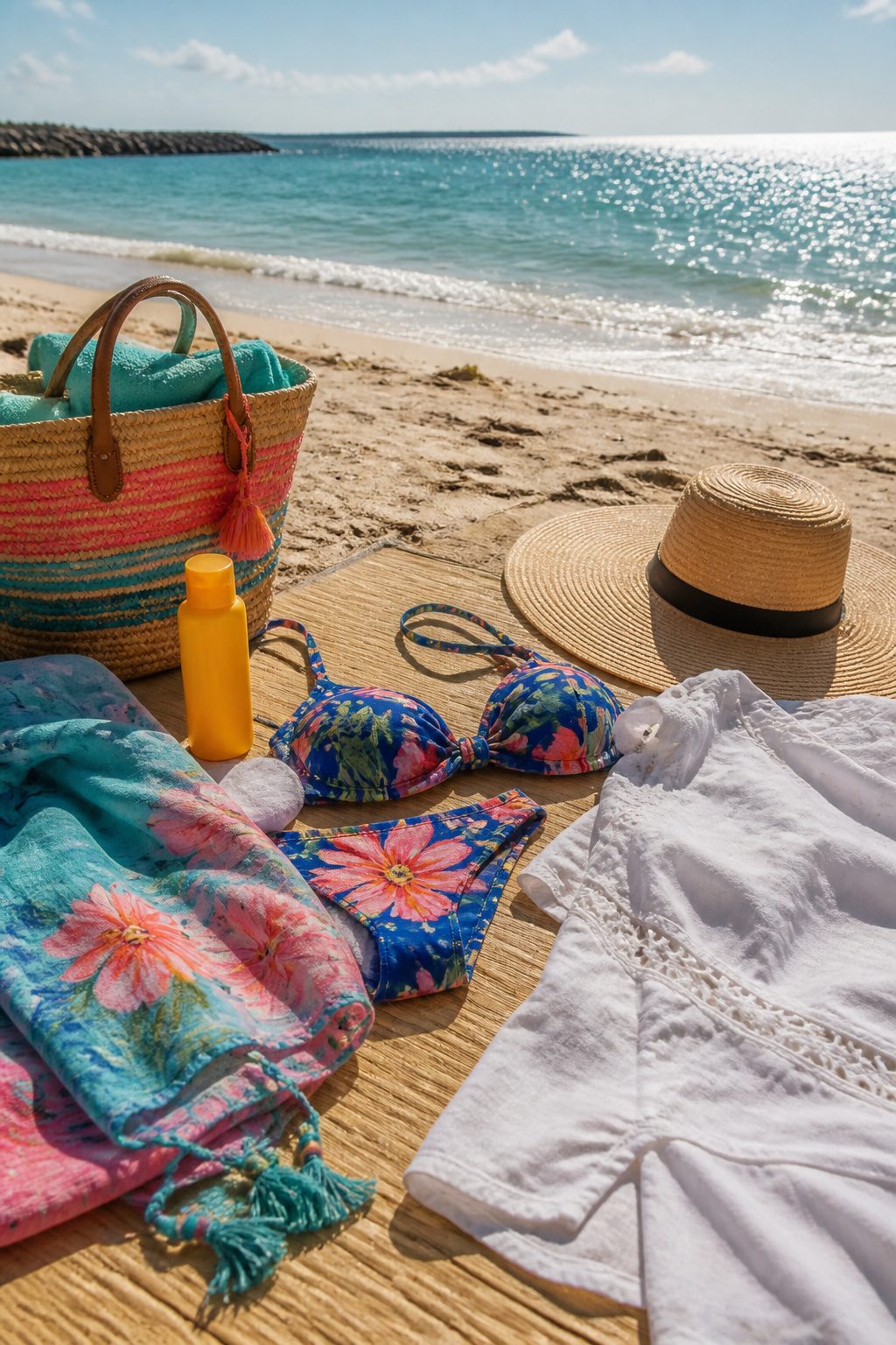 What to Wear on a Disney Cruise: 8 Outfit Types for 2026 3 Two-piece swimsuit, cover-up, sun hat, and beach bag on a mat.