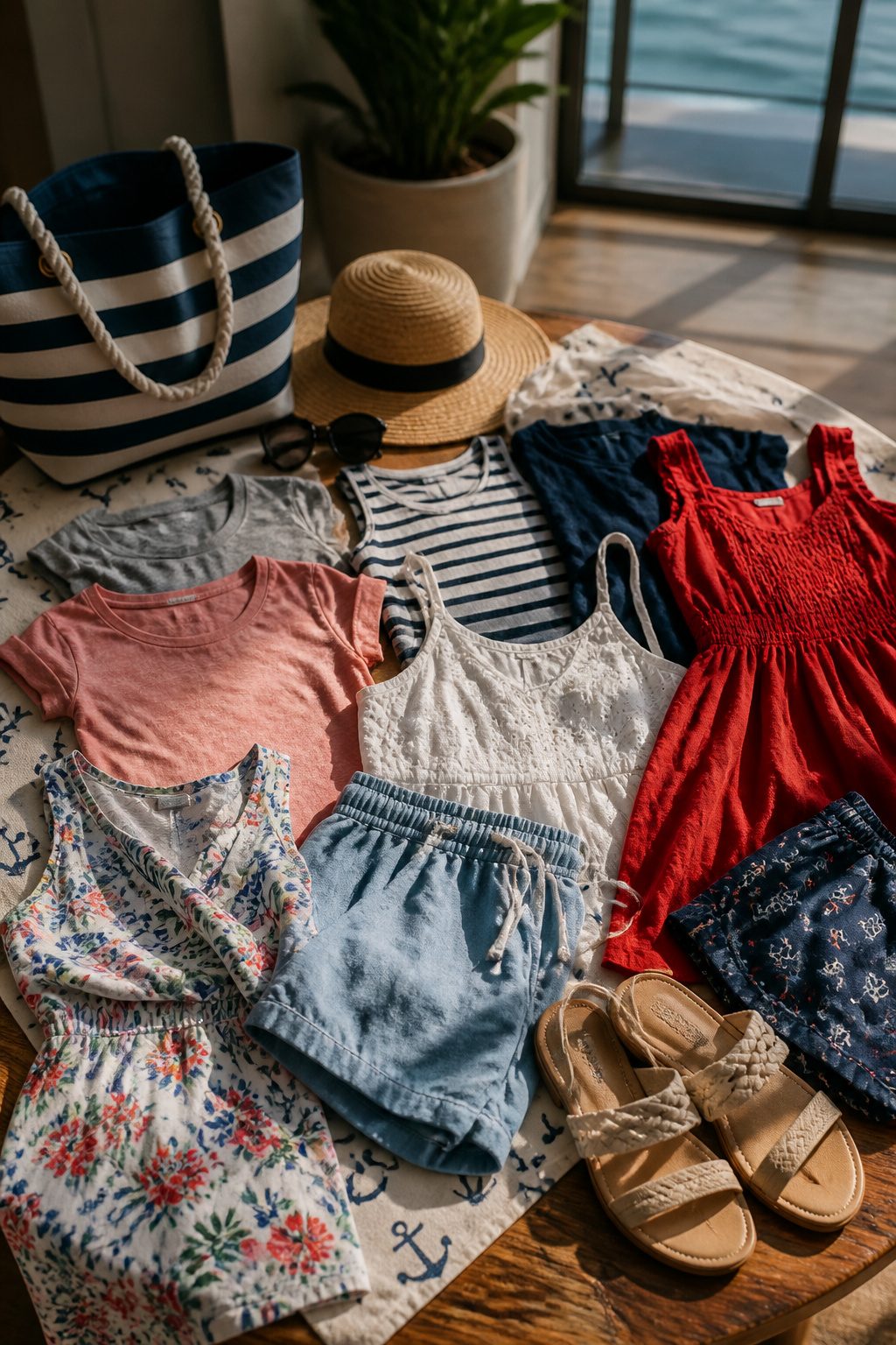 What to Wear on a Disney Cruise: 8 Outfit Types for 2026 1 Flat lay of t-shirts, sundresses, sandals, sunglasses, and a straw hat.